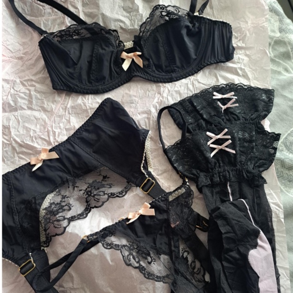 Agent Provocateur three piece set black with pink bows including stocking